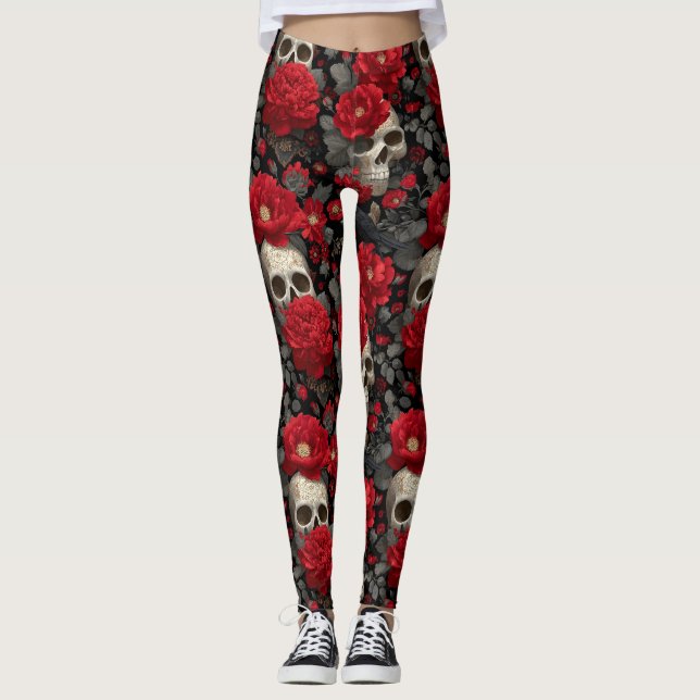 Gothic Crow and Skull Floral Seamless Pattern Leggings (Front)