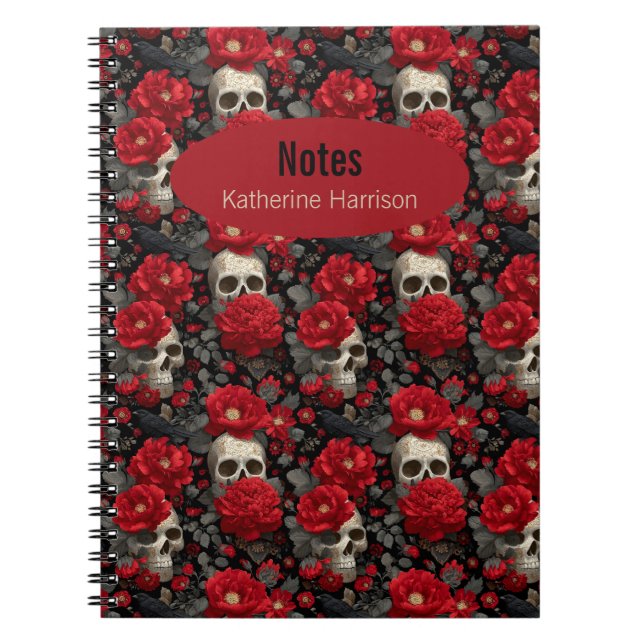 Gothic Crow and Skull Floral Seamless Pattern Notebook (Front)