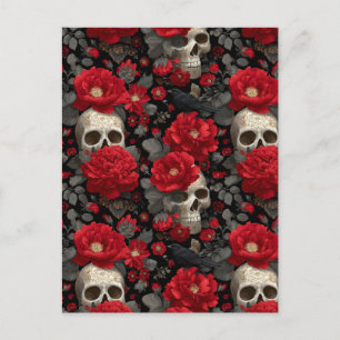 Gothic Crow and Skull Floral Seamless Pattern Postcard