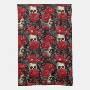 Gothic Crow and Skull Floral Seamless Pattern Tea Towel
