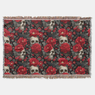 Gothic Crow and Skull Floral Seamless Pattern Throw Blanket