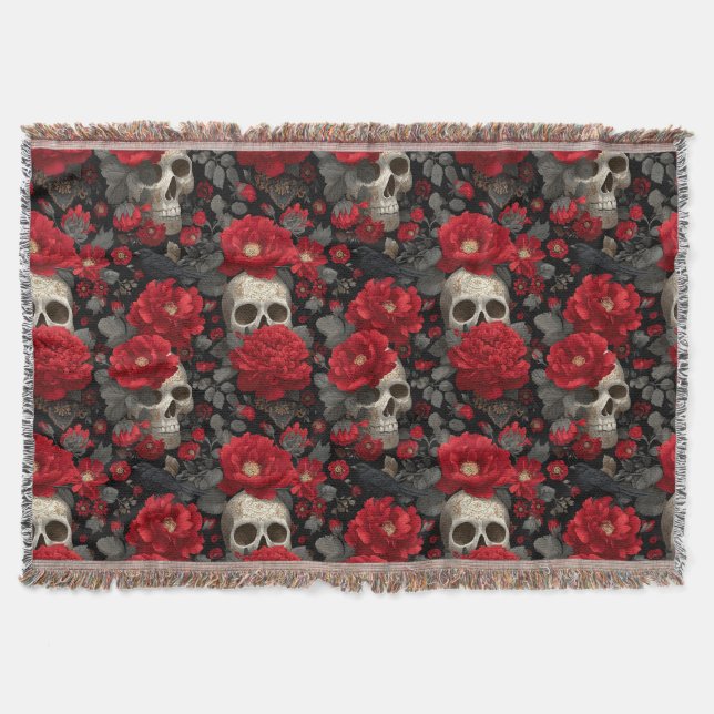 Gothic Crow and Skull Floral Seamless Pattern Throw Blanket (Front)