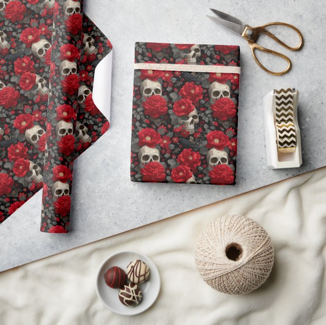 Gothic Crow and Skull Floral Seamless Pattern Wrapping Paper (Crafts)