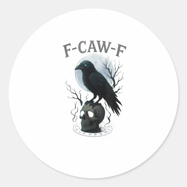Gothic Crow F-Caw-F Raven Skull Moon Halloween Classic Round Sticker (Front)