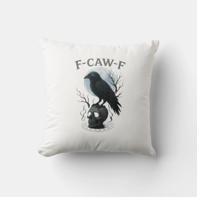 Gothic Crow F-Caw-F Raven Skull Moon Halloween Cushion (Front)