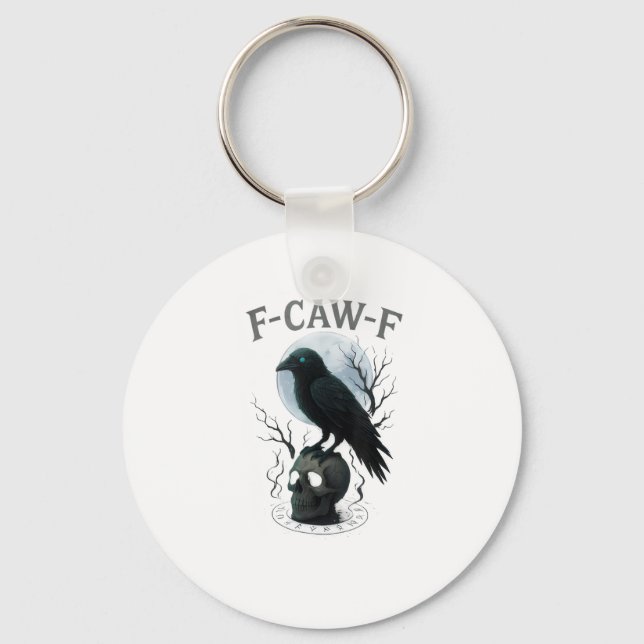Gothic Crow F-Caw-F Raven Skull Moon Halloween Key Ring (Front)