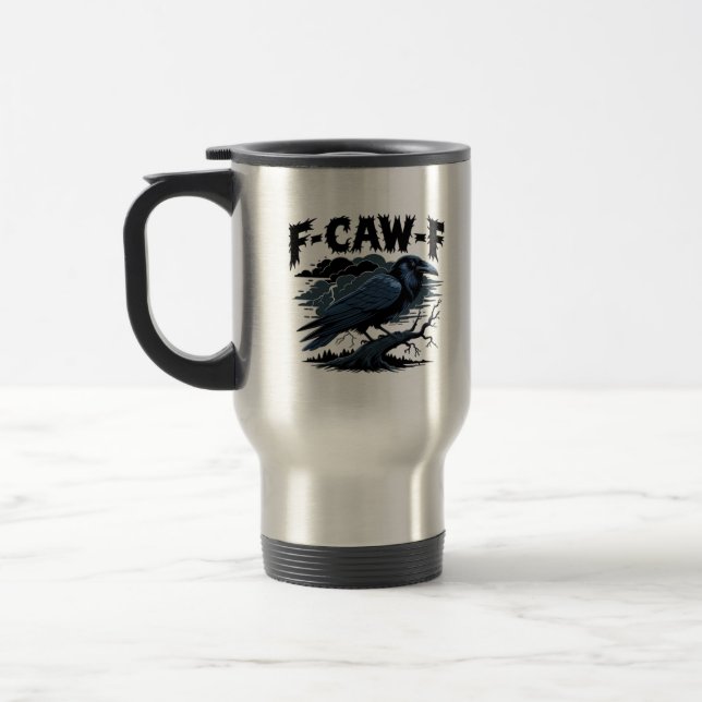 Gothic Crow Funny Humour F-Caw-F Essential Minimal Travel Mug (Left)