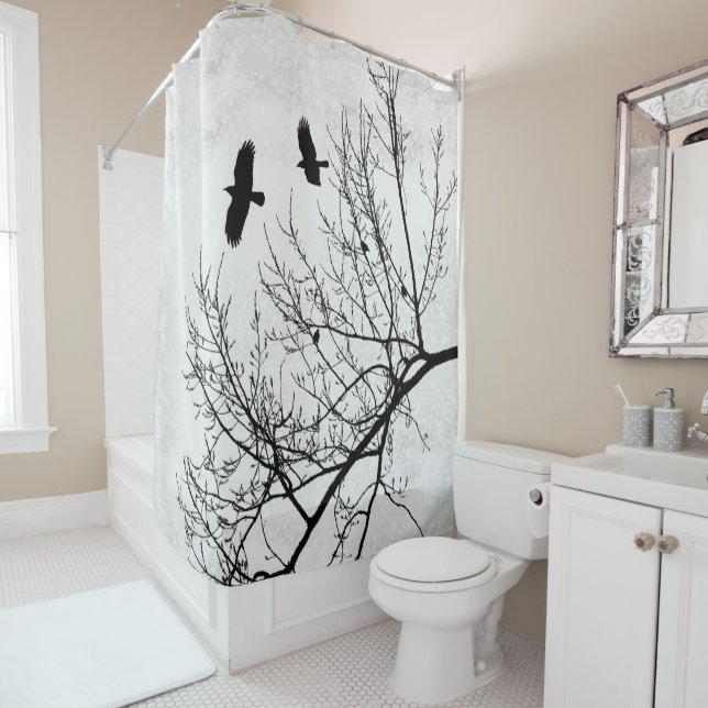 Gothic Crows and Trees Black and White Shower Curtain (In Situ)