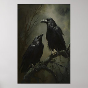 Gothic Crows Art Printable, Birds On Branch Dark Poster