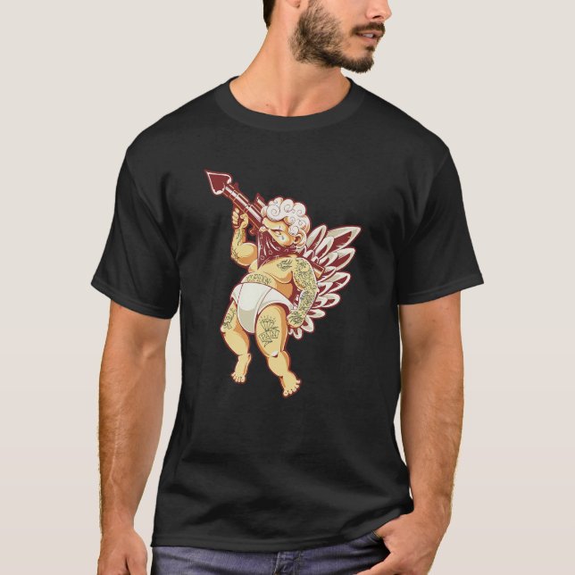 Gothic Cupid With Gun Tattoo Tattooed Cupid Valent T-Shirt (Front)