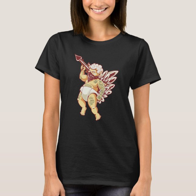 Gothic Cupid With Gun Tattoo Tattooed Cupid Valent T-Shirt (Front)