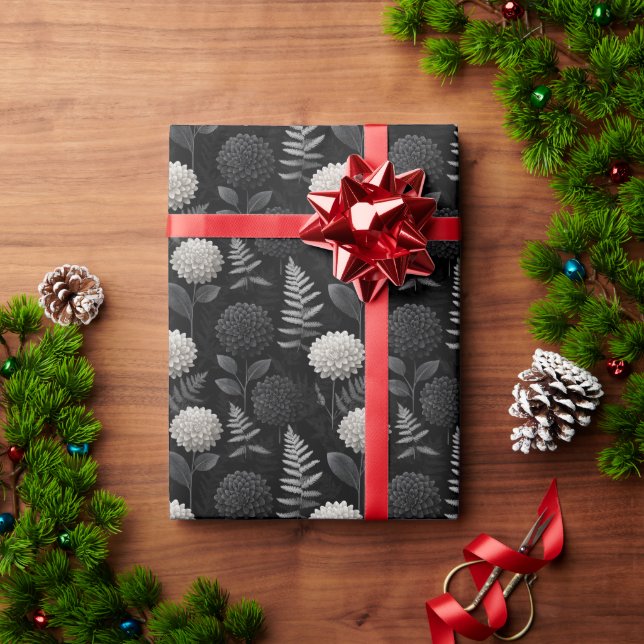 Gothic Dahlia and Fern Seamless Woodcut Pattern Wrapping Paper (Holiday Gift)