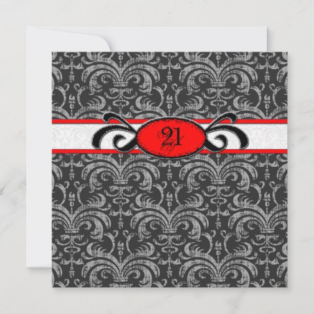 Gothic Damask Birthday for 21-year-old Red & Black Invitation (Front)
