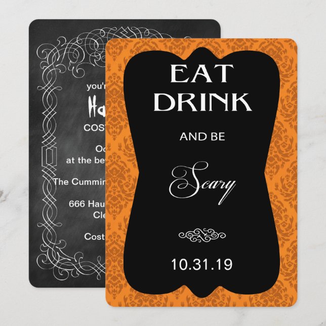 Gothic Damask Halloween Party Invitation (Orange) (Front/Back)