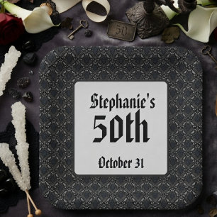 Gothic Damask Onyx Raven Moody Paper Plate