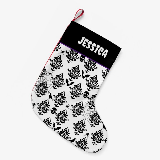 Gothic Damask Pattern Spiders Skulls Bats Small Christmas Stocking (Front (Hanging))