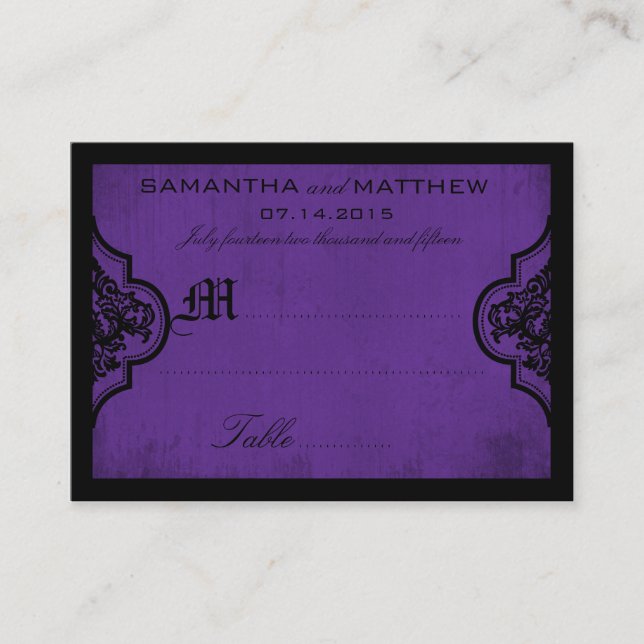 Gothic Damask Purple Grunge Wedding Place Card (Front)