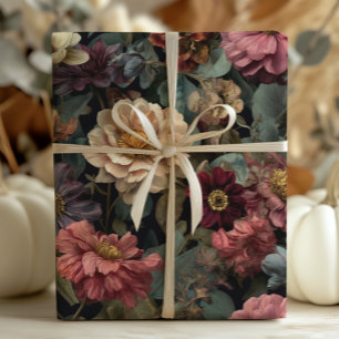 Gothic Dark and Moody Vintage Floral Pattern Wrapping Paper Sheet