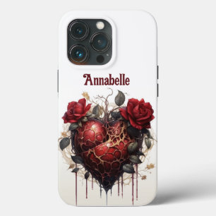 Gothic Dark Dripping Red Heart & Roses Monogram iPhone 13 Pro Case