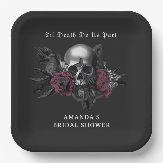 Gothic Dark Floral Skull Halloween Bridal Shower Paper Plate (Front)