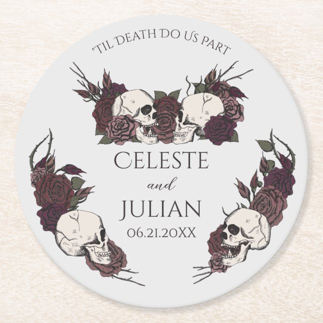 Gothic Dark Floral Til Death Wedding Round Paper Coaster (Front)