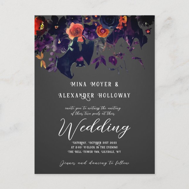 Gothic Dark Floral with Bats QRC Wedding Postcard (Front)