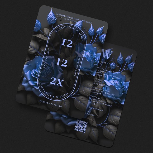 Gothic Dark Navy Blue Roses Elegant Wedding  Save The Date (Gothic Boho Navy Blue Floral Simple Wedding Save The Date
)