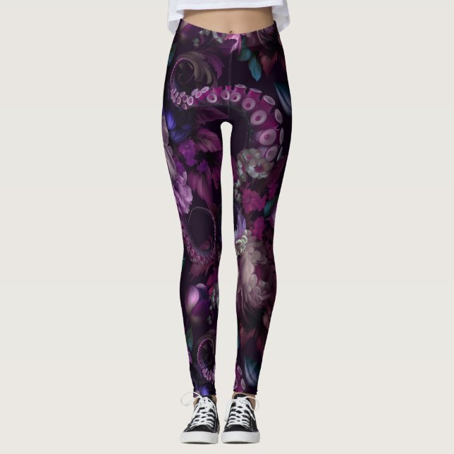 Gothic Dark Pink Tentacle With Flowers Leggings (Front)
