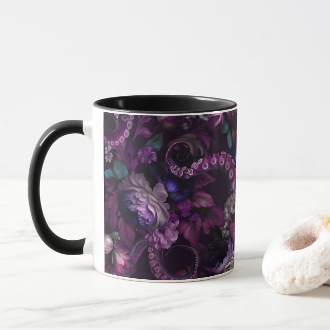 Gothic Dark Pink Tentacle With Flowers Mug (With Donut)