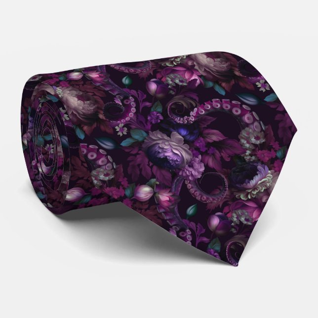 Gothic Dark Pink Tentacle With Flowers Tie (Rolled)