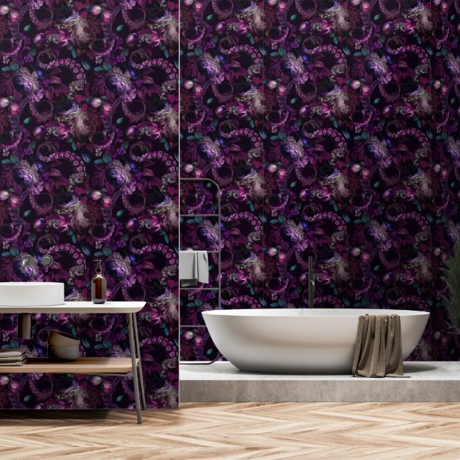 Gothic Dark Pink Tentacle With Flowers Wallpaper (Bathroom)