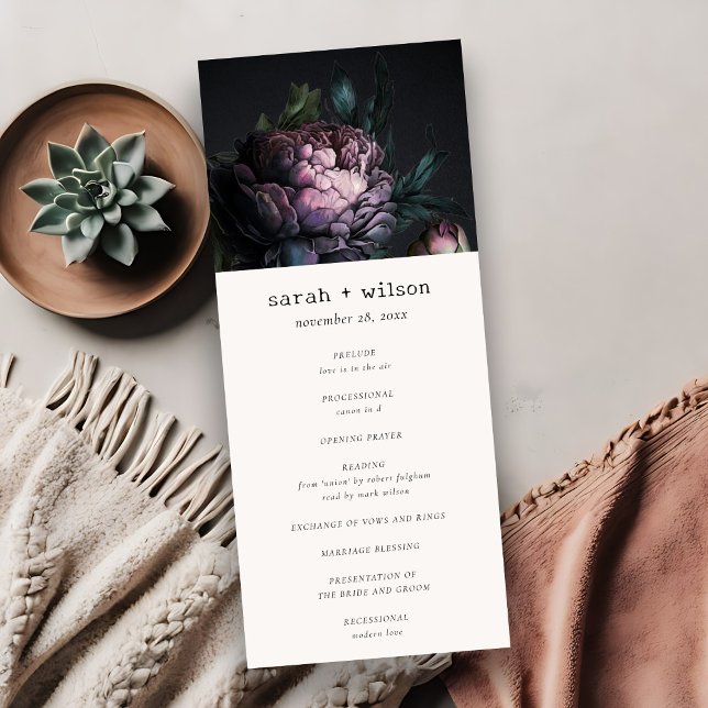 Gothic Dark Purple Black Peony Wedding Program Invitation (Creator Uploaded)