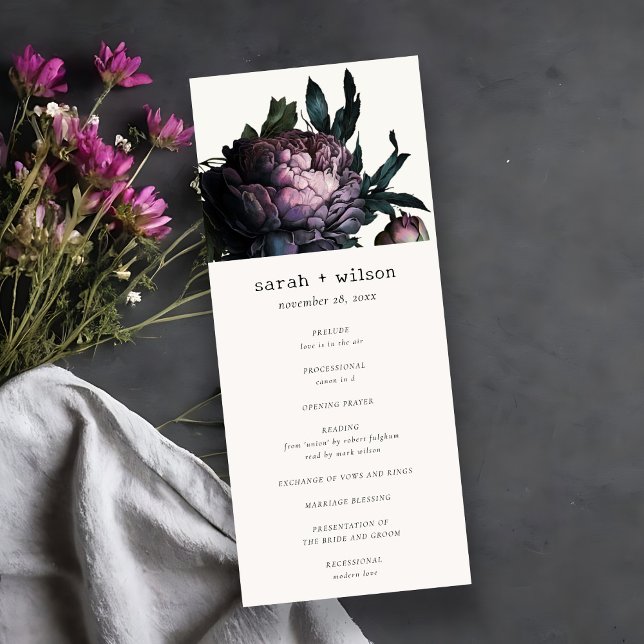 Gothic Dark Purple Black Peony Wedding Program Invitation (Creator Uploaded)
