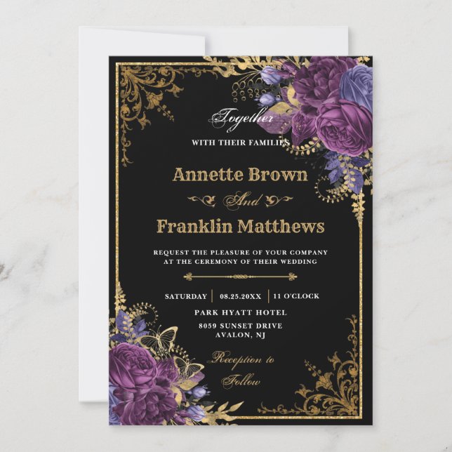 Gothic Dark Purple Floral Ornate Gold Wedding  Invitation (Front)