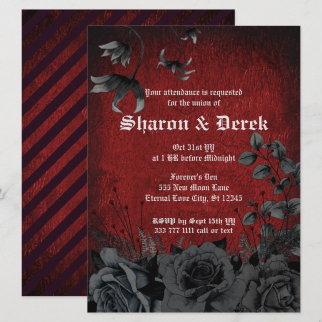 Gothic Dark Red Black Roses Wedding Invitation (Front/Back)