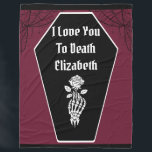 Gothic Dark Romance I Love You to Death Skeleton Fleece Blanket<br><div class="desc">Gothic Dark Romance I Love You to Death Skeleton Fleece Blanket - A dark and moody fleece blanket with a coffin and skeleton hand with a rose, spooky spiderwebs frame the top. With dark red, black and white design elements. The custom text reads "I love you to Death". Personalise by...</div>