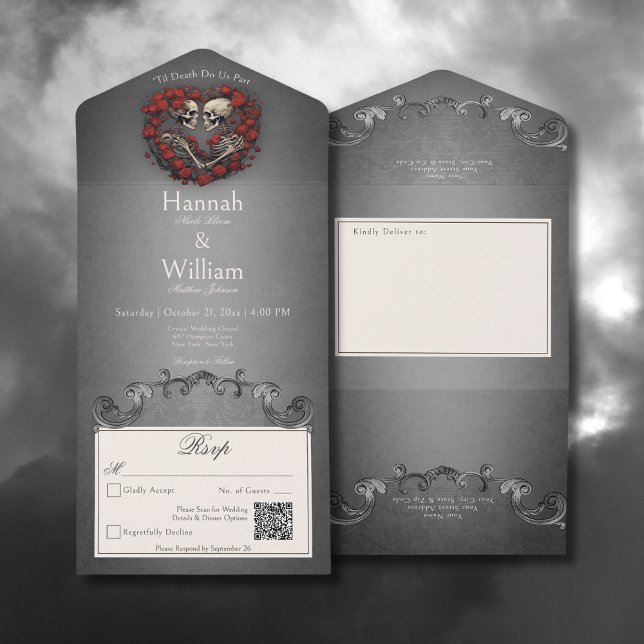 Gothic Dark Skeletons & Rose Heart QR Code All In One Invitation (Gothic Dark Skeletons & Rose Heart All In One Wedding Invitation with QR Code)