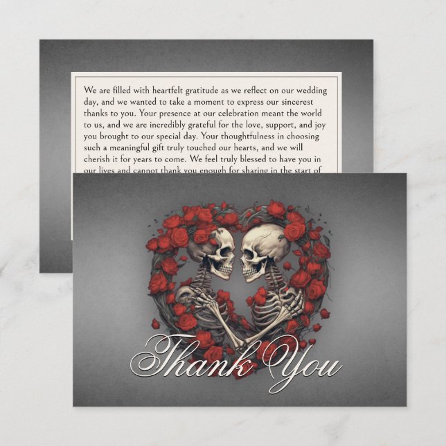 Gothic Dark Skeletons & Rose Heart Wedding Thank You Card (Front/Back)