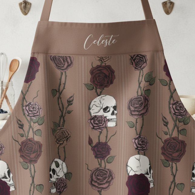Gothic Dark Tan Brown Floral Skulls Apron (Elegant Brown Dark Tan Gothic Aprons for Her Birthday. Skulls Roses on Gradient Stripes Pattern)