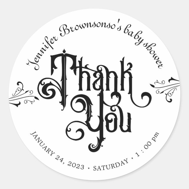 Gothic Dark Thank you Baby Shower Classic Round Sticker (Front)