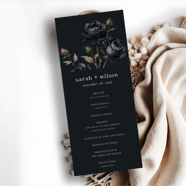 Gothic Dark Watercolor Black Rose Wedding Program Invitation (Creator Uploaded)