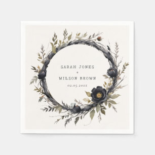 Gothic Dark Watercolor Black Rose Wreath Wedding Napkin