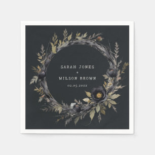 Gothic Dark Watercolor Black Rose Wreath Wedding Napkin