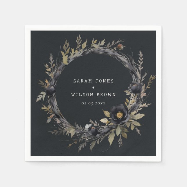 Gothic Dark Watercolor Black Rose Wreath Wedding Napkin (Front)