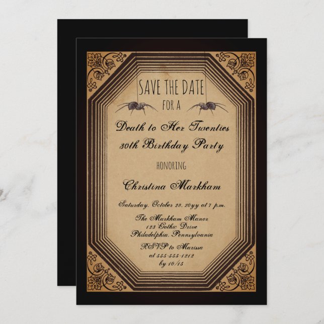 Gothic Deco Death to Her 20s Birthday Party Save The Date (Front/Back)