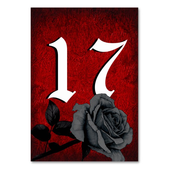 Gothic Deep Red Black Rose Wedding Table Number (Front)