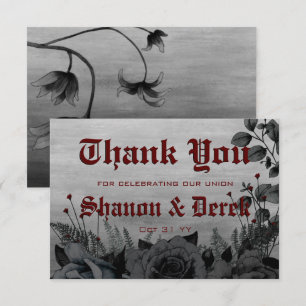 Gothic Deep Red Lettering Black Roses Wedding Thank You Card