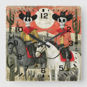 Gothic Desert Moon Skeleton Cowboys Square Wall Clock