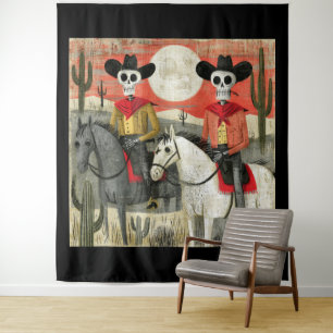 Gothic Desert Moon Skeleton Cowboys Tapestry