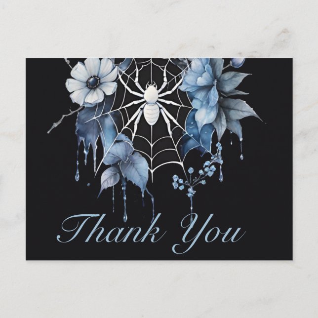 Gothic Dusty Blue Floral Spiderweb Thank You Postcard (Front)